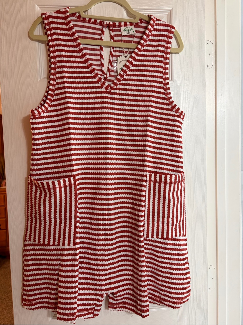 Very J Red & White Striped Knit Sleeveless Romper